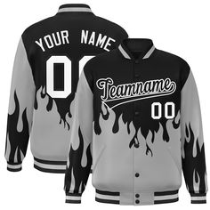 a black and white baseball jacket with flames on the front, customiza for your name