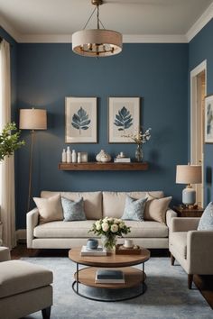 a living room with blue walls and white furniture in it's centerpieces