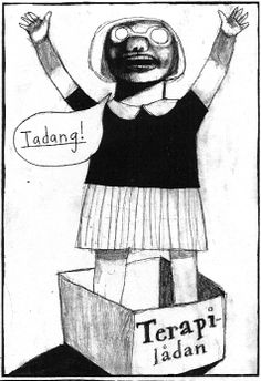 a cartoon drawing of a woman with her arms in the air, and an inscription reading taddang