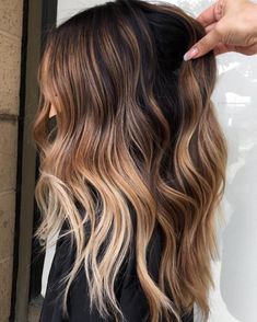 Caramel Brown Balayage with Blonde Highlights Brown Caramel Blonde Balayage, Bronde Balayage With Money Piece Medium Hair, Flame Balayage, Hair Melt Brown To Blonde, Ombre Balayage Hair Brunette, Long Hair Balayage Brunette, Brown To Caramel Balayage, Ombré Hair Brown, Warm Toned Balayage