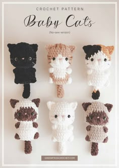 the crochet pattern for baby cats is shown in four different colors and sizes