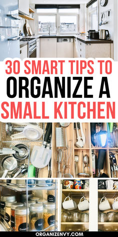 Photos of a small kitchen, a kitchen utensils drawer, a spice cabinet and a cabinet with glasses and mugs. Room Organization Aesthetic, Storage Ideas For Small Rooms, Small Kitchen Cupboards, Storage Ideas Bedroom, Bedroom Organization Hacks, Apartment Kitchen Organization, Kitchen Cabinet Organization Ideas, Kitchen Queen