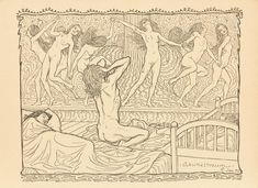 an old drawing of two women in bed with one woman laying down and the other standing up