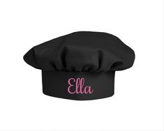 a black cap with the word ella on it and pink letters in cursive font