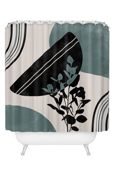 a shower curtain with an image of a surfboard and flowers on the bottom half