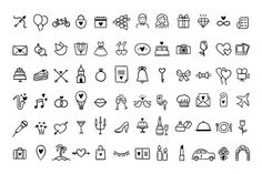 the wedding icons are drawn in black and white on a white background, each with different symbols