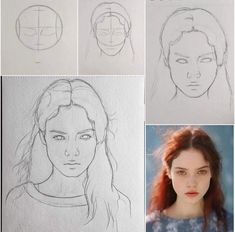 four different drawings of women's faces, one with red hair and the other with green eyes