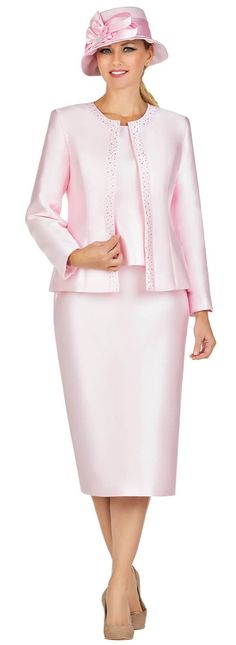 Giovanna Designer Suit Style: G1153 Color: Pink Three piece basic skirt suit with collarless jacket, rhinestone trim, and camisole Hat sold separately Act fast, limited quantities! Elegant Formal Two-piece Dress, Elegant Two-piece Formal Dress, Elegant Fitted Party Sets, Formal Fitted Two-piece Set, Elegant Two-piece Set For Evening, Elegant Two-piece Formal Sets, Elegant Evening Sets With Peplum Shape, Elegant Two-piece Spring Suits, Fitted Spring Party Suits