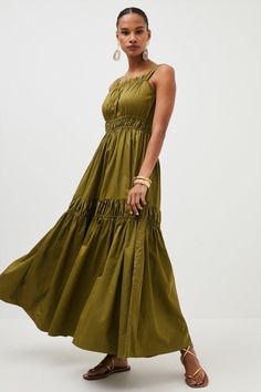 Exude High-Summer Confidence And Relaxed Dressing With This Confident Cotton Floor-Skimming Maxi Dress. Elegantly Shirred Creating A Feminine Ruched Effect, It Boasts Contemporary Chunky Straps On The Shoulder. Simplistically Striking, Elevate The Design With Bold Gold Jewellery And A Show Stopping Pair Of Sandals. Dress Elegantly, Bold Gold Jewelry, Latest Maxi Dresses, Maxi Dress Collection, Khaki Dress, Karen Millen, Fashion Face, Khaki Green, Gold Jewellery