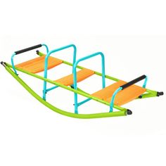 a green and blue sled with two orange seats on the bottom one is empty