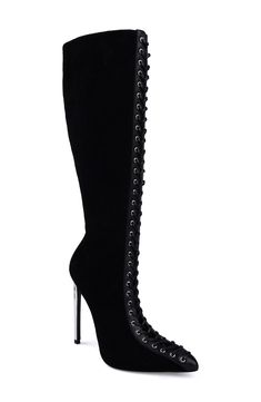 A lace-up design adds a fierce aesthetic to a pointy-toe boot shaped in a knee-high silhouette and elevated by a sky-high metallic heel. 5" heel 14" shaft; 14" calf circumference Lace-up style; side zip closure Water resistant Leather upper and lining/synthetic sole Made in Italy Fall Party Lace-up Knee-high Boots, Fitted Black High-top Lace-up Boots, Lace-up Platform Boots For Fall Nights, Lace-up Platform Boots For Night Out In Fall, Fall Lace-up Platform Boots For Night Out, Black Lace-up Boots, Fitted Lace-up Platform Boots For Fall, Fitted Lace-up Boots For Evening In Winter, Fitted Black Lace-up Boots