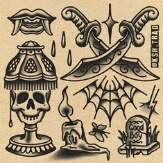 an old school tattoo flash sheet with skulls, candles and umbrellas on it's sides