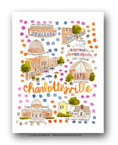 a poster with the words charlottesville written in orange, blue and pink on it