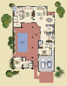 an aerial view of a house with a pool and two car garages on the first floor