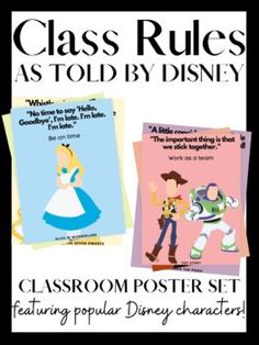 an advertisement for the class rules as told by disney characters, including peter panton and alice