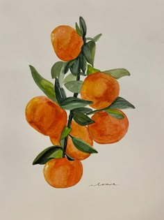 a painting of oranges on a branch with leaves