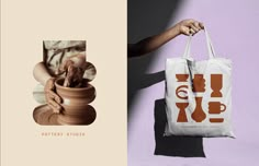 a person holding a tote bag next to an image of pottery on a table