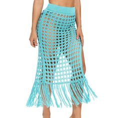 Blue Green Hollow-out High Split Tasseled Beach Skirt