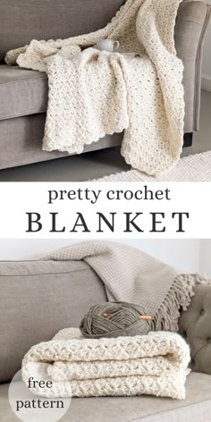 the crochet blanket is on top of a couch next to a pile of blankets