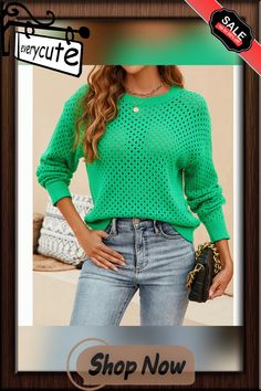 Green Hollow-out Pullover Drop Shoulder Knit Sweater Trendy Green Pointelle Knit Sweater, Trendy Green Open Knit Sweater, Green Long Sleeve Pointelle Knit Top, Casual Green Pointelle Knit Sweater, Green Open Knit Crew Neck Top, Green Crew Neck Open Knit Top, Green Pointelle Knit Sweater, Green Pointelle Knit Top For Fall, Casual Solid Open Knit Sweater