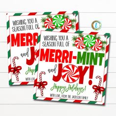 two christmas cards with candy canes on them and the words merry - mintt and joy