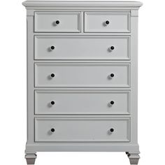 a white dresser with drawers and knobs on the bottom drawer, against a white background