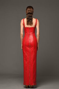 Description Red Column, Long dress Sleeveless Open neckline Leather Dry Clean Made in Lebanon 600- 4-31 Leather Long Dress, Blood Red, Black Chain, Leather Dress, Thigh Highs, Fitted Dress, Red Leather, Red Dress, Long Dress