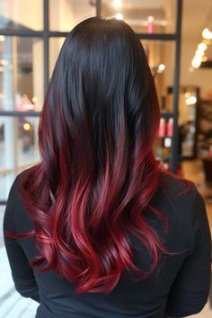 Glossy black transitioning to ruby red ombre adds a touch of drama and passion, creating a vibrant and intense color contrast. Red Hair Fade, Hair Ideas For Medium, Dyed Hair Ideas, Black And Red Hair, Red Hair Tips, Styling Short Hair, Ombre Hair Color Ideas, Black Hair Ombre, Red Hair With Highlights