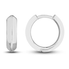 Striking knife-edge tubes are polished to a high shine in these stylish women's hoop earrings. Fashioned in 14K white gold, the earrings secure in place with hinged backs. Formal White Gold Huggie Earrings, Classic Small Hoop Huggie Earrings With Polished Finish, Silver Minimalist Huggie Earrings For Formal Occasions, Modern Small Hoop Earrings In White Gold, Minimalist Polished Finish Huggie Earrings For Formal, Modern White Gold Small Hoop Earrings, Everyday White Gold Huggie Earrings With Shiny Finish, Modern White Gold Single Hoop Earring, Polished Finish Huggie Earrings In Fine Jewelry