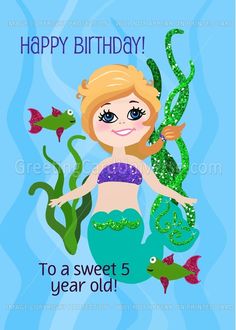 Happy Birthday! Blonde Haired Mermaid, Fish, Glitter Look Sea Grass card Mermaid Birthday Wishes, Red Haired Mermaid, Mermaid Birthday Card, Text Artist, Happy 6th Birthday, Happy Birthday Wishes Photos, Fonts Christmas, Beautiful Birthday Cakes