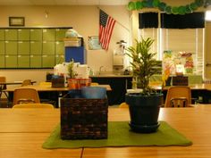 an empty classroom with desks and plants on the floor in front of them,