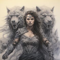 a painting of a woman surrounded by three wolfs