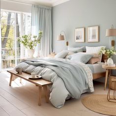 Light Primary Bedroom, Pale Blue Guest Bedroom, Blue Bedroom Wood Furniture, Calming Primary Bedroom Ideas, Bm Glass Slipper Bedroom, Bedding For Blue Walls, Mineral Blue Bedroom, Bedroom Ideas Blue Bed, Bedroom Ideas White And Blue