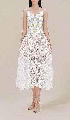 Walk down the aisle in romantic elegance with this roses lace A-line midi dress in pristine white. An illusion yoke neckline trimmed in intricate floral lace provides an extra touch of drama before giving way to a figure-flattering A-line dress. Lace A-line Midi Dress With Fitted Bodice, Evening Lace Midi Dress Fit And Flare, Fitted A-line Lace Midi Dress, Fitted Lace A-line Midi Dress, Feminine Lace Sleeve Cocktail Dress, Feminine Cocktail Dress With Lace Sleeves, Feminine Cocktail Dresses With Lace Sleeves, Summer A-line Lace Dress With Fitted Bodice, A-line Lace Midi Dress For Garden Party