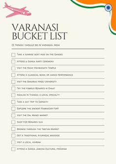 the varanasi bucket list is shown with an airplane in the sky above it