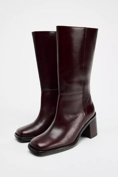 SQUARE TOE LEATHER ANKLE BOOT - Burgundy Red | ZARA United States Classic High Ankle Boots With Stacked Heel, Ankle-high Leather Heeled Boots With Sculpted Heel, Leather High Ankle Mid-calf Boots With Reinforced Heel, High Ankle Heeled Boots With Reinforced Heel For Work, Leather Boots With Reinforced Block Heel, Classic Leather Platform Boots With Block Heel, Wide Calf High Heel Boots In Calf Leather, Office Ankle Boots With Leather Lining, Leather Heeled Boots With Padded Ankle And Block Heel