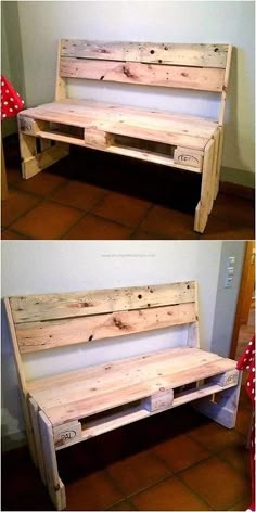 two pictures of a bench made out of pallet wood and some sort of storage