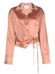 terracotta orange recycled polyester blend satin finish notched collar front button fastening side tie fastening long sleeves chest patch pocket Lapel Collar Shirt, Champagne Blouse, Satin Shirts For Women, Satin Top Outfit, Orange Long Sleeve Shirt, Satin Shirts, Long Sleeve Wrap Top, Pockets Details, Planet People