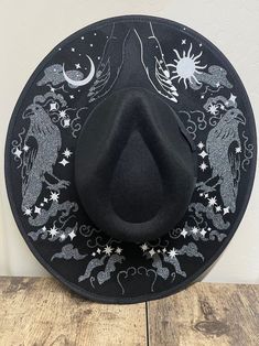 Wide Brim Hat, Black Crow Wide Brim Fedora, Wide Brim Hat With Sun, Moon, and Stars - Etsy Wide Brim Hat With Veil, Wide Brim Hat Aesthetic, Wide Brim Black Hat, Hat Aesthetic, Witchy Goth, Space Outfit, Sun Moon And Stars, Wide Brim Fedora, Black Crow