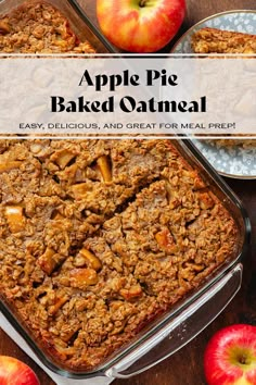 an apple pie baked oatmeal in a baking dish with apples around it