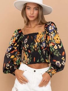 Color: Black with Multi Flowers Long Sleeve Cropped Blouse Tropical Floral Pattern Smocked Bodice and Sleeves Square Neckline Puff Long Sleeves 100% Polyester Summer Multicolor Blouse With Smocked Cuffs, Black Smocked Bodice Top With Square Neck, Black Tops With Smocked Bodice And Square Neck, Black Square Neck Top With Smocked Bodice, Spring Top With Smocked Cuffs And Square Neck, Spring Square Neck Top With Smocked Cuffs, Casual Black Blouse With Smocked Cuffs, Black Casual Blouse With Smocked Cuffs, Summer Multicolor Top With Smocked Cuffs