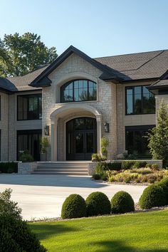 a large house with lots of windows and bushes in front of the entrance to it