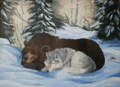 a painting of two bears laying in the snow with pine trees and evergreens behind them