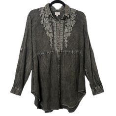 Nwt Chic Connection Embroidered Acid Wash Button Up Oversized Tunic Blouse Size L Size L Approximate Measurements P To P 22.5" Length Shoulder To Hem 32" Beautiful Embroidery And Black Acid Wash On Super Soft Rayon Material. The Long Dolphin Hem Tunic Style Length, It's Perfect For Pairing With Leggings Or Skinny Jeans. Button Up Front Also Allows For A French Tuck. Sleeve Tabs Make The Sleeves Convertible, Long To Short. This Is A Very Versatile Top That Can Be Worn All Year Round. Don’t Have A Bohemian Embroidered Button-up Tops, Bohemian Embroidered Button-up Shirt, Oversized Spring Blouse With Floral Embroidery, Oversized Floral Embroidery Blouse For Spring, Oversized Floral Embroidered Blouse For Spring, Embroidered Relaxed Fit Collared Blouse, Embroidered Collared Blouse Relaxed Fit, Casual Button-up Blouse With Floral Embroidery, Embroidered Collared Blouse With Relaxed Fit