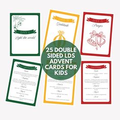 the 25 double sided cards for kids are shown in green, red and yellow colors