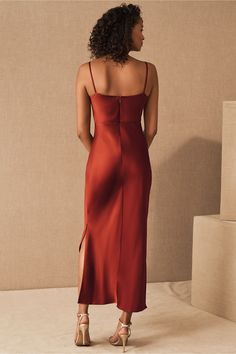 An elegantly draped cowl neckline completes this silky slip dress with a modern midi silhouette.Only available at BHLDN Wine Color Bridesmaid Dress, Winter Fashion Vintage, Wine Bridesmaid Dresses, Rust Bridesmaid Dress, Orange Bridesmaid Dresses, Red Bridesmaids, Red Bridesmaid Dresses, Midi Slip Dress, Fashion Outfit Ideas