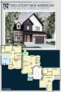 the two story new american house plan is shown