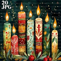 a painting of candles with christmas decorations on them