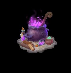 an animated image of a pot full of purple liquid and cooking utensils on a stone slab