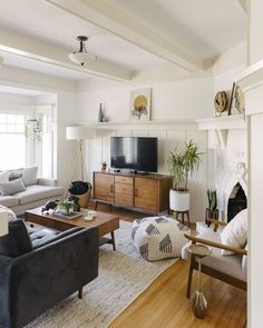 a living room filled with furniture and a flat screen tv on top of a fireplace